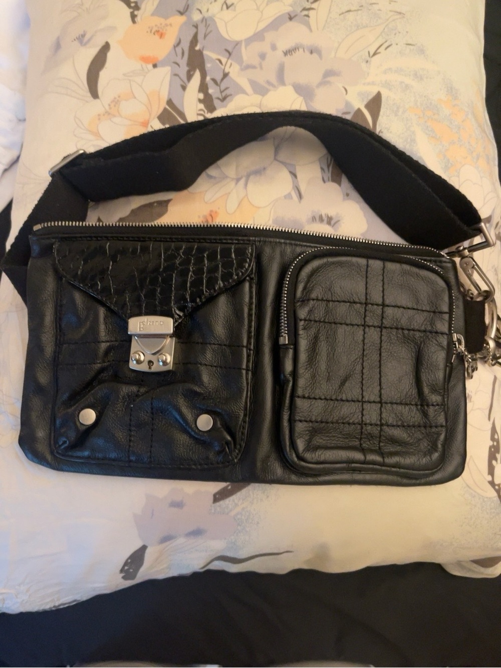 Bolzano Genuine Leather Y2K Moto Waist Belt Bag Black Silver Hardware